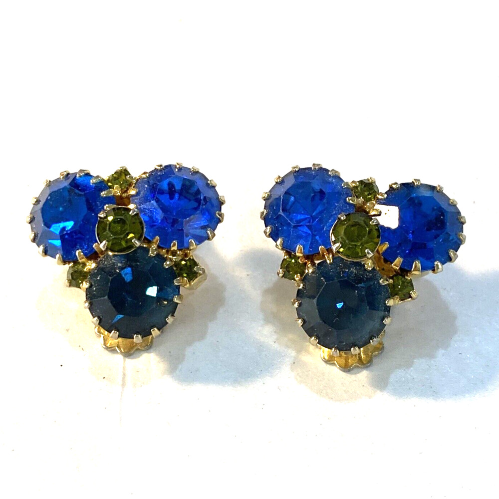 Vintage clip on earrings retro mid century blue & green rhinestones goldtone